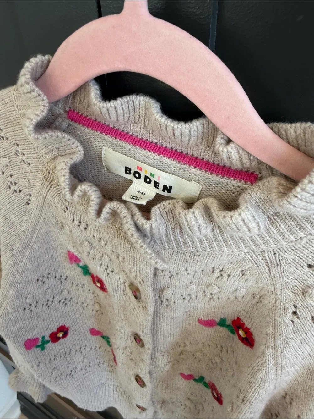 Mini Boden Tan Knit Cardigan with Pink & Red Floral Embroidery | 4-5 Y